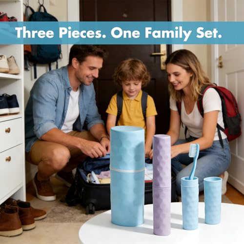3Pcs Travel Toothbrush Case, Portable Travel Toothbrush Holder with Dot,Toothpaste Container for Family Trip, Camping, School, 8.1x2.5x2 / 8.1x1.4x0.9(Purple+Blue) - size: large size+small size