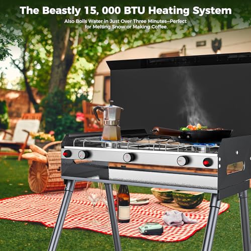 CAMPLUX 2 Burners & 1 Grill Propane Camping Stove, 15,000 BTU Portable Outdoor Propane Camping Grill Burner with Free Standing Legs, Auto-Ignition Gas Stove with Regulator, Black - color: Black
