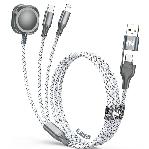 Apple Watch Charger 3 in 1 Multi Charging Cable 4FT Apple MFi Magnetic | USB A/C Lightning Type C Cord iWatch Magnetic Wireless Charger 3 in 1 Charging Wire for Apple iPhone Android Phone and iWatch - color: Grey/Silver-4ft