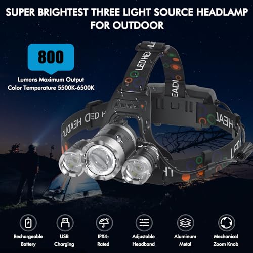 LED Headlamp Rechargeable, 6000 Lumens Super Bright Head Lamp, USB Rechargeable Headlight Flashlight with 3 LED Lights, 4 Modes, Zoomable, 90° Adjustable, Hiking, Hunting, Running, Fishing - color: Silver