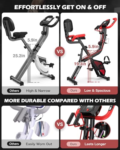 pooboo Folding Magnetic X‑Bike, Upright Exercise Bike for Home Gym | Foldable Indoor Stationary Cycling Bike, 8‑Level Resistance, 6.6 LBS Flywheel, 300 LB Capacity, Back Support Cushion - color: Black & Scarlet