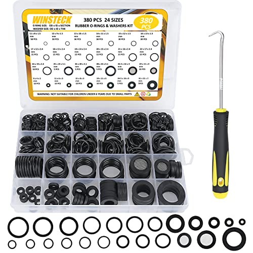 380PCS 24 Sizes Rubber & Silicone Hose Washers & O Ring Assortment Kit | Shower Hose / Head Washers with Screen Filter Faucet Pressure Washer, with 180°Full Pick & Hook Tool for Sealing Repair - size: 380PCS