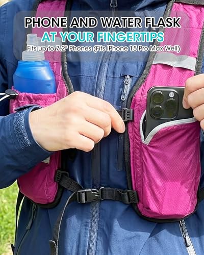 Foldable Small Hiking Backpack with 3 Strap Pockets – Lightweight 300D Spill-proof Daypack for Men Women – Packable Small Travel Backpack with Chest Strap & Trekking Pole Holder – Durable Outdoor Bag - color: Rosered-