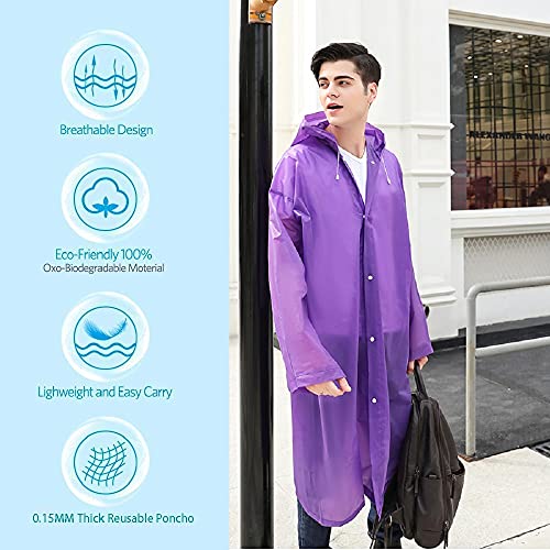 Rain Ponchos for Adults Reusable, 2-5 Pack Raincoat for Women Men, Waterproof Rain Coat Gear with Hood Drawstring - color: Purple X5