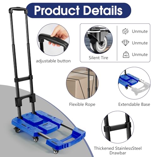 Voipvvii Folding Hand Truck 500lbs, Portable Heavy Duty Dolly Cart, 6 Wheels Collapsible Luggage Cart with 2 Elastic Ropes - Compact Trolley Cart for Easy Moving - Ideal Hand Cart for Travel and More - color: Blue