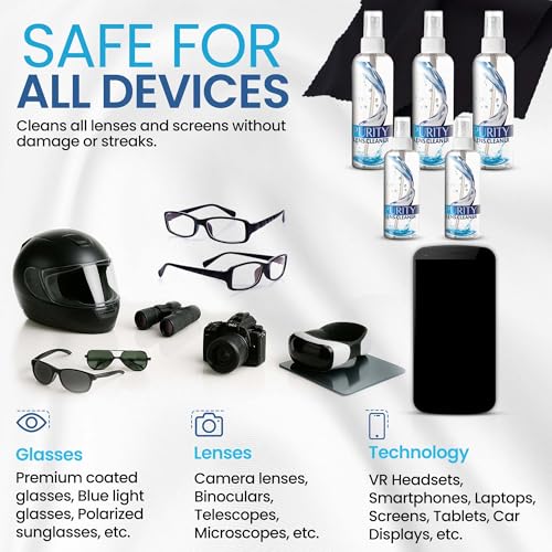 Purity Eyeglass Cleaner Mega Pack - Multi-Size Lens Cleaner Kit - 2x2oz, 3x8oz Bottles + 5 Black Premium Microfiber Cloths - Safe for All Lenses, Eyeglasses, and Screens - Streak-Free Formula - style: 10 Piece Set - 3 (8oz + 2 (2oz Lens Spray)) + 5 (Micro