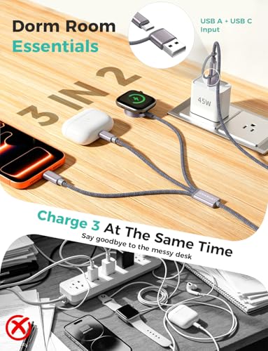Travel Essentials,3 in 2 USB C Cable for Apple Watch Charger,iPhone Charger,Multi Charging Cable,Cruise Vacation Camping Essentials for iWatch Series 11-2/Ultra,iPhone 17-12,Car Accessories,Grey-6FT - color: Grey, size: 1pack-6ft