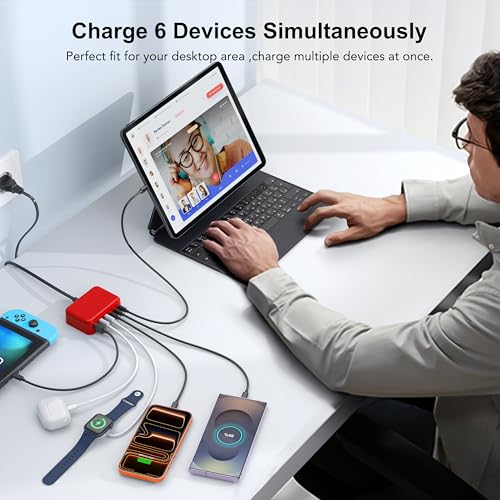 USB C Charger Block, GaN Fast USB Charging Station Hub with 100W Max 6-Port - color: F-Red, size: 100W