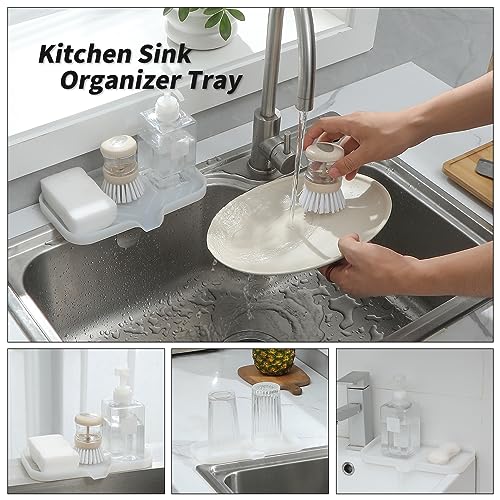 MicoYang Silicone Soap Dish with Drain Spout — Self-Draining Sink Organizer Tray for Bathroom & Kitchen, Sponges, Dispensers & Soap Holder, Non-Slip & Dishwasher Safe, Translucent (Medium, 9.6"×5.3") - color: Translucent, size: M(9.6"×5.3")