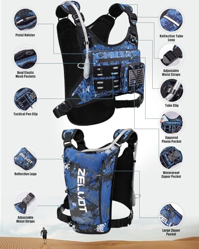 Zelvot Running Vest with 2L Water Bladder, Hydration Backpack, U.S. Design Patent, Lightweight Hydration Pack with Gear Holder, Reflective Chest Pack for Men Women - color: Camo Navy Blue, size: Medium-Large