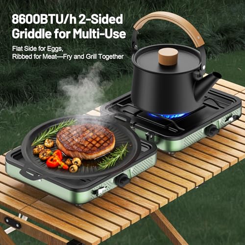 Portable Camping stove, 2 Burner Foldable Camping Stove with Griddle and Carrying Bag & Hose, 8600BTU Portable Propane Camp Stove with Ignition & 2 Adjustable Burners,for Camping Tailgating BBQ Grill - color: Green