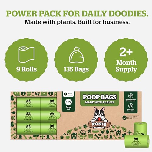 Pogi's Compostable Poop Bags – Leak-Proof, Extra-Large, Made with Plants – 9 Rolls (135 Bags) - size: 1 Count (Pack of 135)