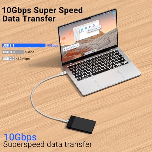 USB 3.1 Gen 2, 10Gbps USB A to USB C Cable, 1.5ft 2 Packs, White | Short cable, 3A Fast Charging, Braided, Compatible for Android Auto, CarPlay, Galaxy, iPad, iPhone 15/14/13, SSD - color: White, size: 1.5 ft