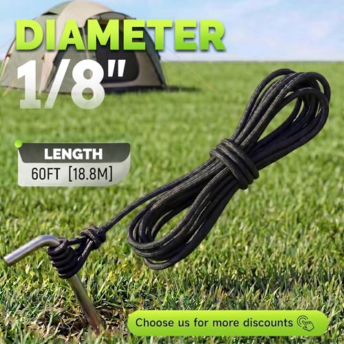 SMART&CASUAL 1/8" x 60' Heavy Duty Polyester Bungee Shock Cord Elastic Rope for Kayak Strap Tarp Tie Down Canopy Boating Camping Trailer and DIY Projects - size: 1/8" x 60' ( 18.3M )