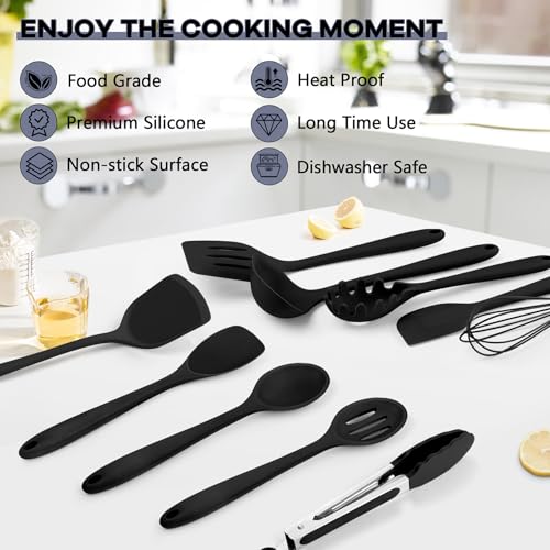 TeamFar Silicone Cooking Utensils, 10 pcs Kitchen Cooking Utensils Set | Heat Resistant Kitchen Gadgets Tools Set w/Spatula, Turners, Spoons, Soup Ladle, Pasta Server for Nonstick Cookware, Black - color: Black