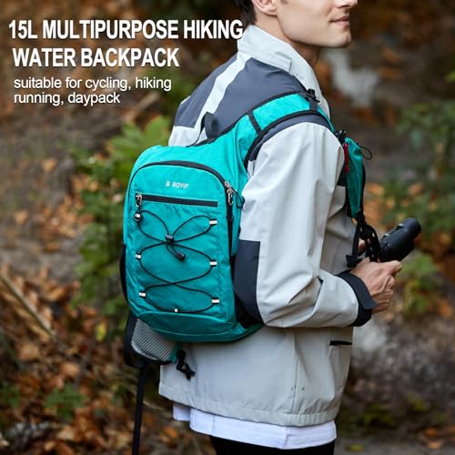 BOVIP Lightweight Hydration Back,15L Multipurpose Hiking Backpack with 1.5L Water Bladder ,Hydro Water Daypack for Cycling Hiking Rave for Men Women - size: Blue