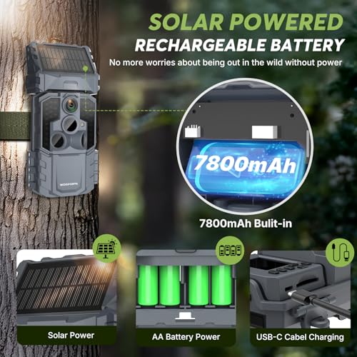 WOSPORTS Solar WiFi Trail Camera with 7800mAh Built-in Battery, 48MP Game Camera for 24/7 Wildlife Security, 0.1s Trigger, IP66 Waterproof Wildlife Cameras with 8 AA Batteries & 64GB SD Card