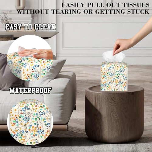 Tissue Box Holder Colorful Leaves Spots on Branches Square Leather Tissue Box Cover Modern Cube Facial Paper Cover Case for Bathroom Vanity Countertop Night Stands Tabletop - color: Colorful Leaves Spots on Branches