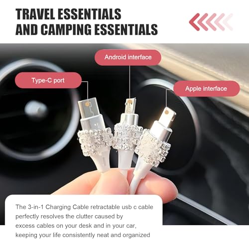 Multi Charging Cable, 3 in 1 Multi Charger Cable with Type-C/Lightning/Micro USB Connectors, Rhinestone Retractable Car Charger Cord, Universal for Most Phones, Tablets (Pink) - color: Pink
