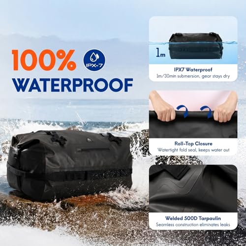 Haimont IPX7 Waterproof Roll-Top Dry Duffel Backpack | 60L/90L Sizes, 500D Tarpaulin, Welded Seams, Mesh Pockets, Boating & Kayaking - color: Black, size: 60L