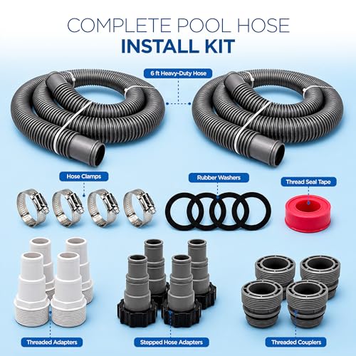 Pool Hose Kit - 1.5 in Connections - 6 ft - Plastic & Steel | 19 Piece Set, Above Ground Systems, Converts 1.25 Ports, ABS Adapters, Alloy Clamps, Thread Tape Included, White