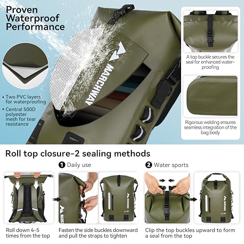 MARCHWAY Roll Top Waterproof Backpack, Floating Dry Bag 20L/30L/45L with Ergonomic Rectangular Base, Cushioned Back, Hip Strap for Hiking Camping Kayaking Travel (Army Green, 30L) - color: Army Green, size: 30L