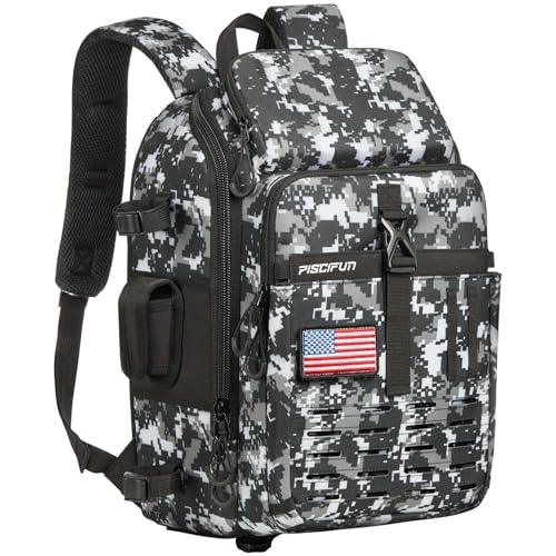 Piscifun Fishing Tackle Backpack, Rod & Gear Holder, Water-Resistant | 20L storage, breathable padding & adjustable shoulder straps, MOLLE panel, Digital Camouflage - color: Digital Camouflage, size: Large