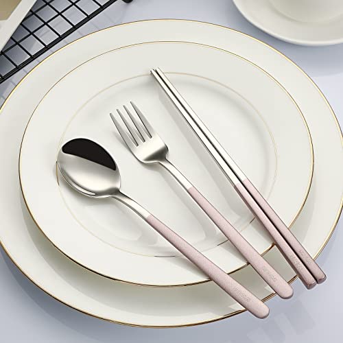 DEVICO Travel Utensils with Case, 4 Piece Portable Silverware Set for Work - color: Pink