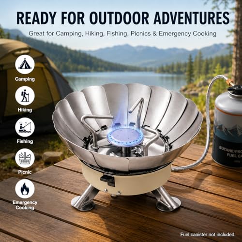 Butane Camping Stove, Portable Windproof Camping Gas Stove with Built-in Windshield, Piezo Ignition, Propane Canister Adapter, Foldable Burner for Backpacking Hiking Outdoor Cooking