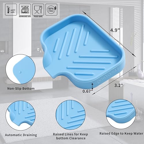 MicoYang Silicone Soap Dish with Drain Spout, Self-Draining Sink Organizer Tray for Bathroom & Kitchen, Sponges, Dispensers & Soap Holder, Non-Slip and Dishwasher Safe, Light Blue (Compact, 4.9"×3.2") - color: Light Blue, size: S(4.9"×3.2")