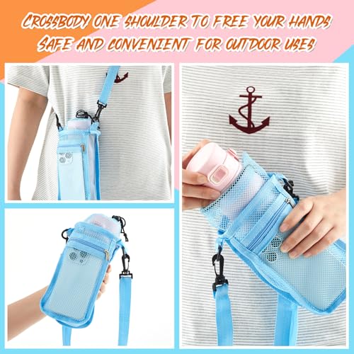 Berlune Water Bottle Holder with Strap Drawstring Water Bottle Carrier with Zipper Pocket Adjustable Shoulder Mesh Sling Bag for Hiking Walking Camping Travel - color: Macaron Color