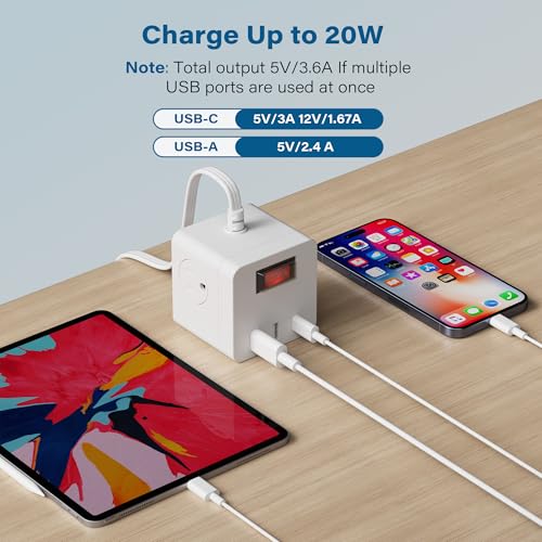Outdoor Power Strip Cube 6 Ft, IPX4 Waterproof 3 AC Outlet Widely Spaced with 2 USB-A & 1 USB-C PD 20W Charging Station, Low Profile 45 Degree Flat Plug Extension Cord Wall Mountable, ETL-White - size: 6FT
