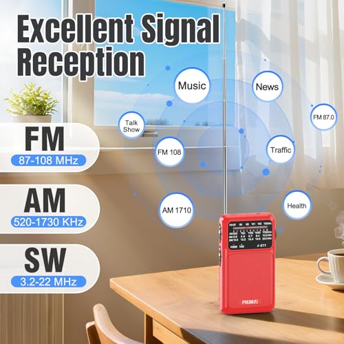 PRUNUS J211 Portable Radio AM FM, USB C Charging and AA Battery Operated - color: Red