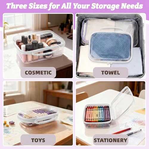 3 Pack Deep Clear Hard Shell Zipper Cases with Handle (White) | Travel Toiletry Bag, Waterproof 1.2mm PET Hard Plastic Pouches, Organizer Box for Makeup, Toy, Snack, Stationery, Diaper - color: White Handle(L+M+S)