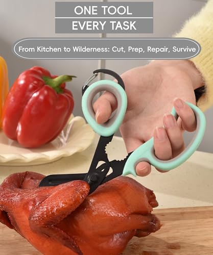 MEUUT All Purpose Scissors 2 Packs with Carabiner for Kitchen Outdoor | 7.5-inch heavy duty all purpose, Ambidextrous, micro-serrated stainless steel blades, integrated O2 wrench, soft rubber grip - color: Pastel Pink+pastel Green