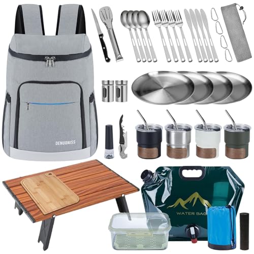 Picnic Backpack Bundle 15-in-1 Set Camping Gear with Fold Table & Waterproof Blanket & Stainless Steel Utensils for 4-Person Family Hiking Essentials - color: Gray