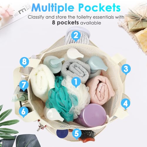 Fammart Mesh Shower Caddy Portable for College Dorm Room Essentials, Odorless Polyester Large Shower Tote Bag with Dual Handles, 8-Pocket Quick-Dry Toiletry Organizer for Travel, Beach, Camping, Gym - color: Multiple Pockets, 1 Pack - Beige