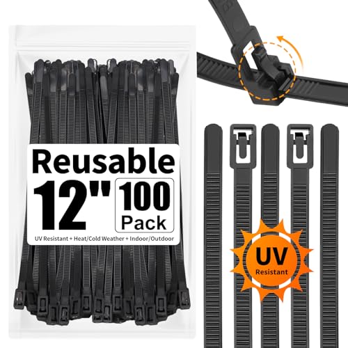 100 Pack Reusable Zip Ties 12 Inch Heavy Duty UV Resistant Cable Ties Black | Reusable Trigger Release / Heavy Duty Nylon / UV Weatherproof / Non-Slip Self-Locking / Smooth Round Ending No Hurt - size: 12 inch