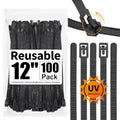 100 Pack Reusable Zip Ties 12 Inch Heavy Duty UV Resistant Cable Ties Black | Reusable Trigger Release / Heavy Duty Nylon / UV Weatherproof / Non-Slip Self-Locking / Smooth Round Ending No Hurt - size: 12 inch