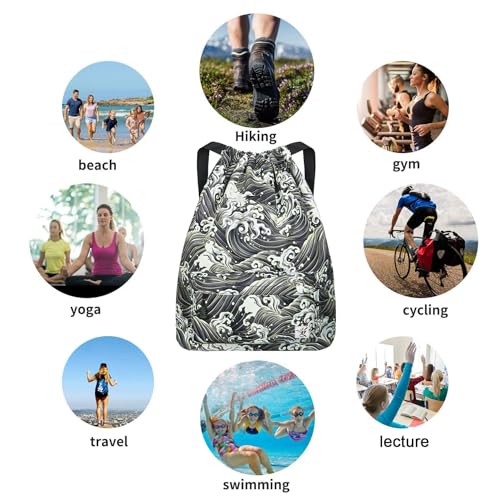 Waterproof Drawstring Bag, Gym Bag Sackpack Sports Beach Backpack for Men Women - color: 03-black Wave