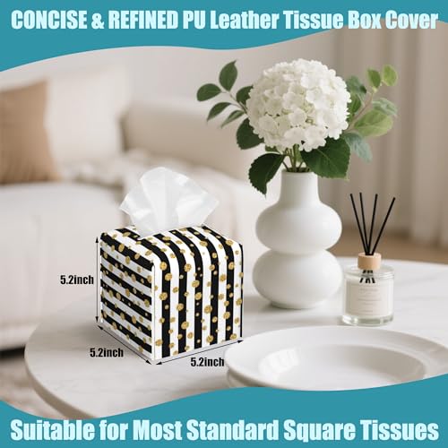 Gold Polka Dot Leather Tissue Holder,Black and White Stripes Square Tissue Box Cover,Modern Decorative Facial Tissue Cube Paper Cover for Car Bedroom Nightstand Vanity Desk Office,5.2" x 5.2" x 5.2" - color: Gold Polka Dot