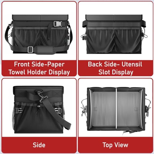 FANGSUN Grill Caddy with Lid, Foldable BBQ Caddy with Paper Towel Holder | 11 Compartments, Easy-Clean Aluminum Interior, 1680D Oxford Fabric, Water-Resistant, Shoulder Strap Included, Tailgating - style: Black-with lid