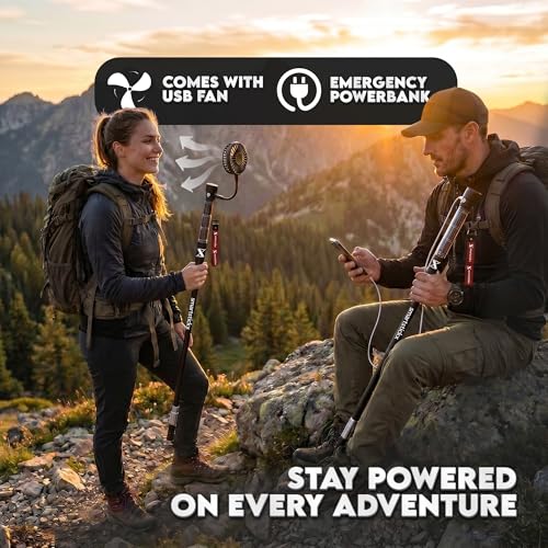 Tactical Walking Stick with Dual LED Light & Emergency Power Bank | Collapsible Tactical Hiking Pole with USB Fan, Solar Charging & Camping Tripod | Aircraft Grade Aluminum