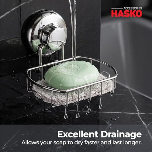 HASKO Suction Cup Soap Dish for Shower with Hooks and Soap Saver, Silver - color: Silver