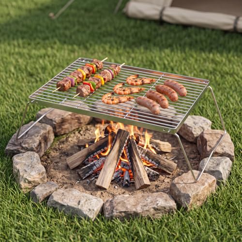 REDCAMP Large Folding Campfire Grill, Heavy Duty Portable Stainless Steel Camping Grill Grate with Carrying Bag for Outdoor Cooking Camping Hiking Backpacking Picnic BBQ - size: 15.8"x10.6"x5"