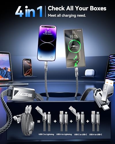 SHEZI Multi USB C Cable 4-in-1 100W Charging Cable [Fast Charging & Data Sync] Flat Nylon Braided Multiple Charger Cord with Lightning/Type C/USB A Ports for iPhone Samsung-5ft - style: 4-in-1[A/C to L&C]