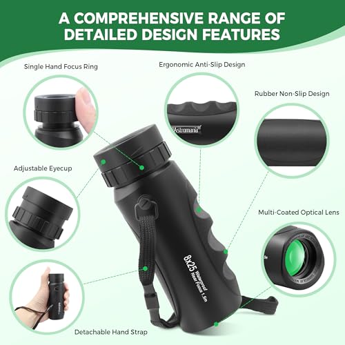 Astromania Monocular Telescope Waterproof Compact Monocular for Adults 8x25 | High Powered Monocular with Hand Strap, Multi-Coated Optics BAK7 Prism, Twist-Up Eyecup, Bird Watching Hunting Camping Hiking - size: 8x25