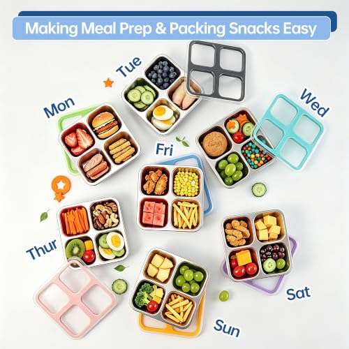 BEFOY 4-Pack Stainless Steel Snack Box, Leak-Proof Bento Lunch Container | Snackle alternative. 4 compartment divided. Meal prep, food storage. Kids, adults. Reusable, stackable. School, picnic travel - color: Gray, size: 2