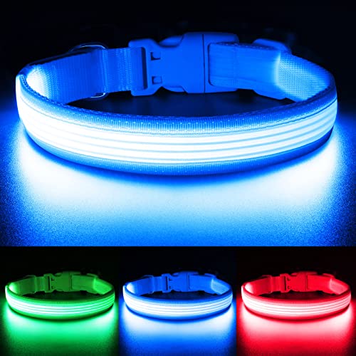 YFbrite Light up Dog Collar, USB Rechargeable LED Puppy Collar Super Bright Adjustable Glowing Dog Lights for Night Walking (Design-2- Blue, Large) - color: Version 2.0-- Blue, size: Large
