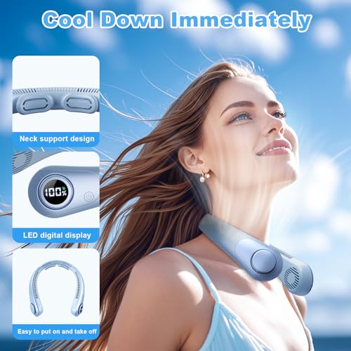 Portable Neck Fan that Blow Cold Air, LED Display, Rechargeable Hands-Free Wearable Cooling Personal Fan, 5 Speed, Neck Support, Bladeless Neck Air Conditioner, Gifts for Women/Men, Hot Flashes - color: Light Blue